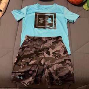Under Armour Aqua Blue Tee with Gray Camo Shorts (Size 7)